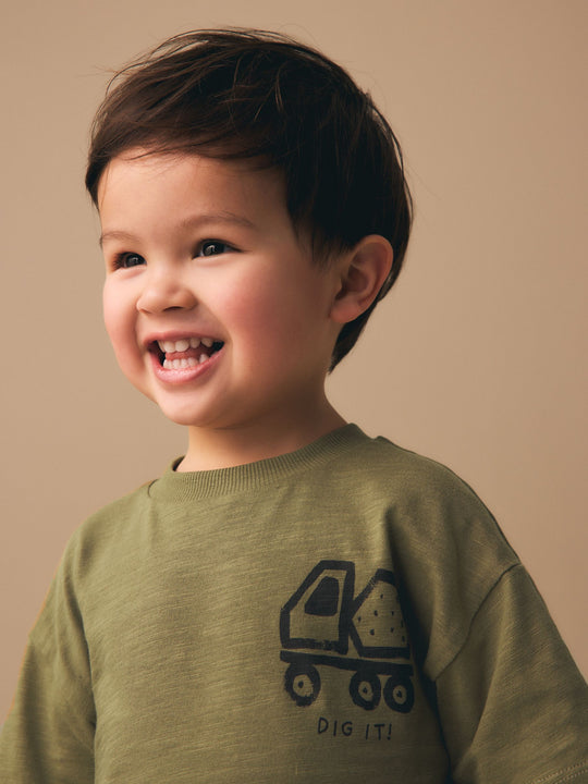 Khaki Green Digger Short Sleeve Back Print T-Shirt and Shorts Set (3mths-7yrs)