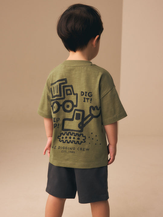 Khaki Green Digger Short Sleeve Back Print T-Shirt and Shorts Set (3mths-7yrs)