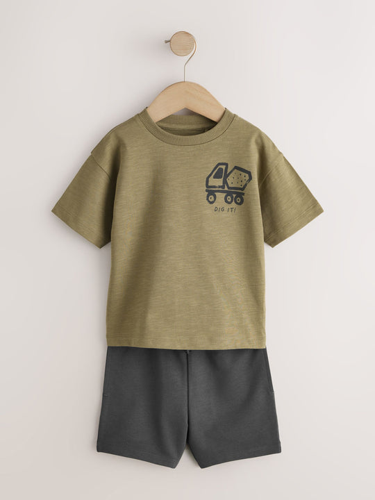 Khaki Green Digger Short Sleeve Back Print T-Shirt and Shorts Set (3mths-7yrs)