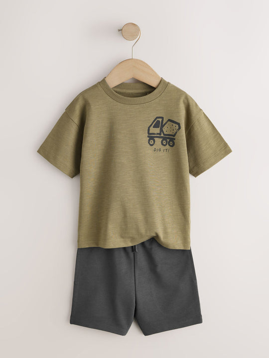 Khaki Green Digger Short Sleeve Back Print T-Shirt and Shorts Set (3mths-7yrs)