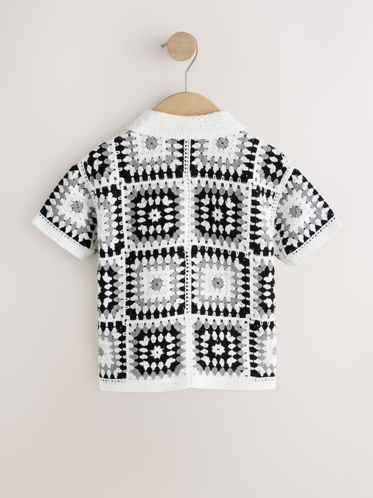 Black/White Crochet Knitted Short Sleeve Shirt (12mths-10yrs)
