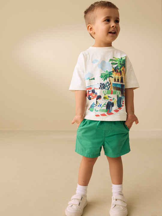 Cream Watercolour Race Car Scene Short Sleeve Back Print T-Shirt (3mths-7yrs)