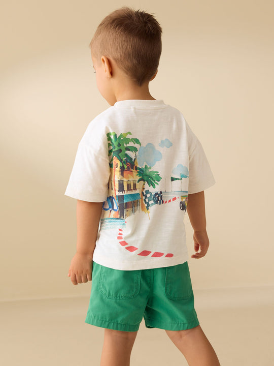 Cream Watercolour Race Car Scene Short Sleeve Back Print T-Shirt (3mths-7yrs)