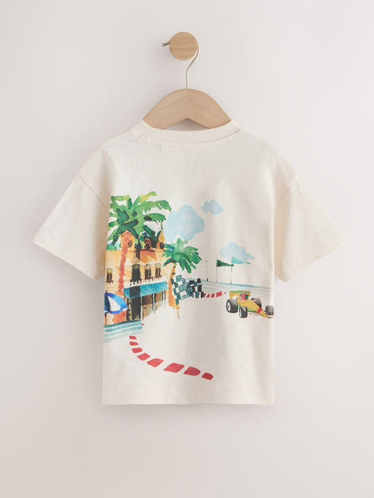 Cream Watercolour Race Car Scene Short Sleeve Back Print T-Shirt (3mths-7yrs)
