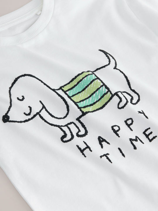 White Happy Time Dog Long Sleeve Graphic Print T-Shirt (3mths-8yrs)