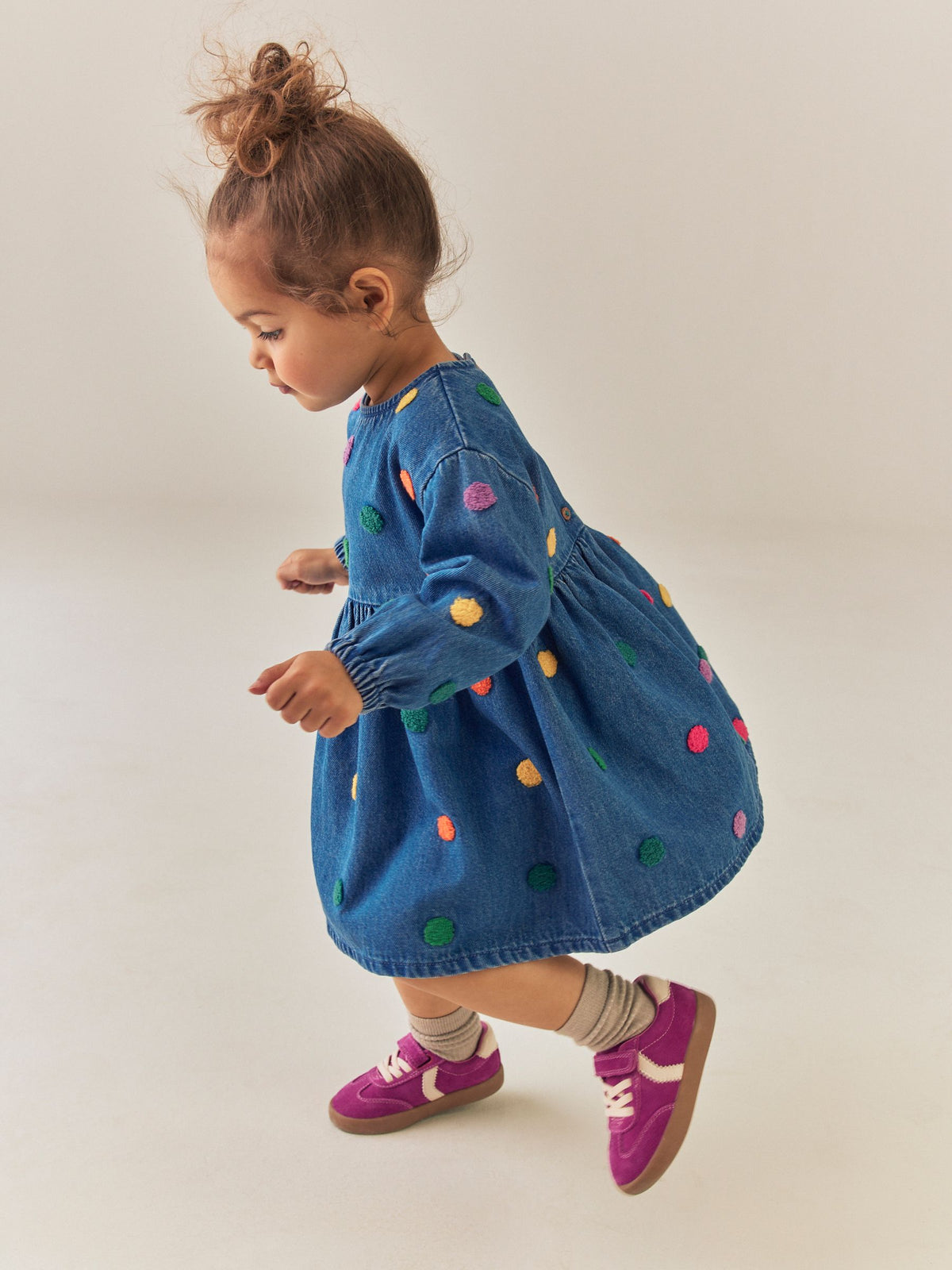 Blue Denim Long Sleeve Boucle Spot Dress (3mths-8yrs)