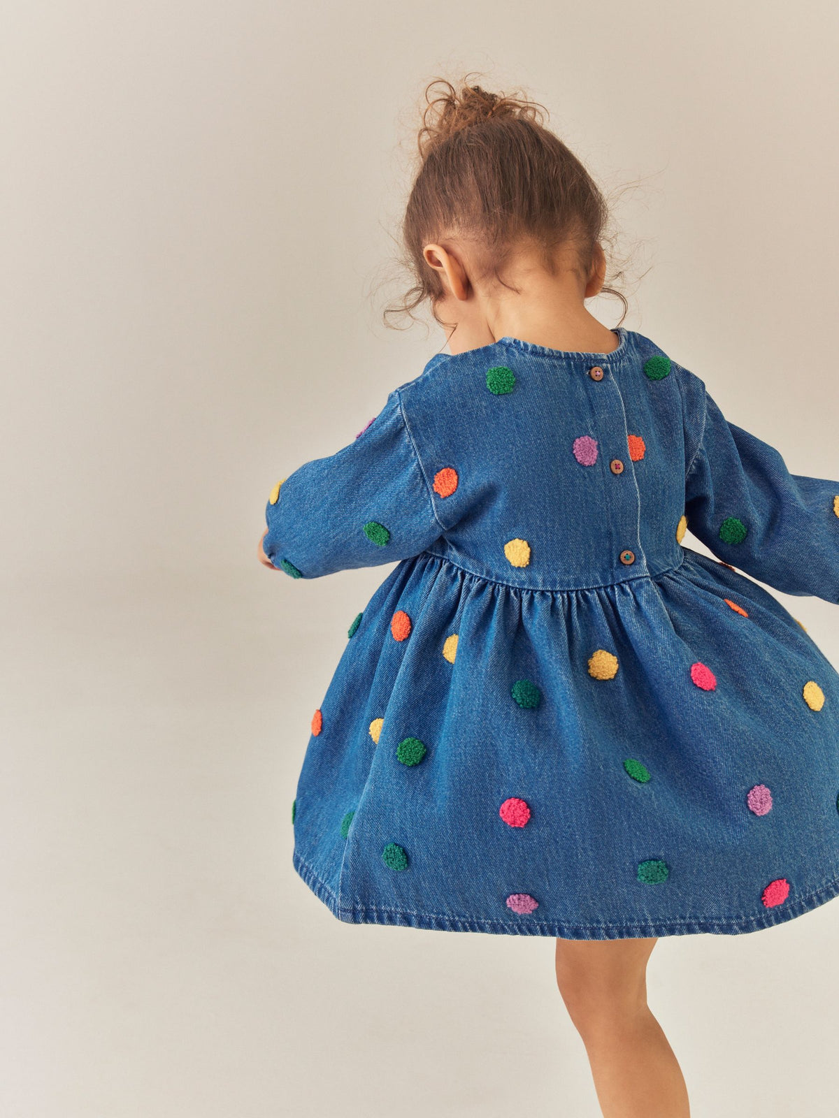 Blue Denim Long Sleeve Boucle Spot Dress (3mths-8yrs)