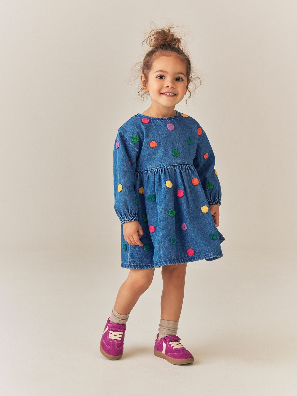 Blue Denim Long Sleeve Boucle Spot Dress (3mths-8yrs)