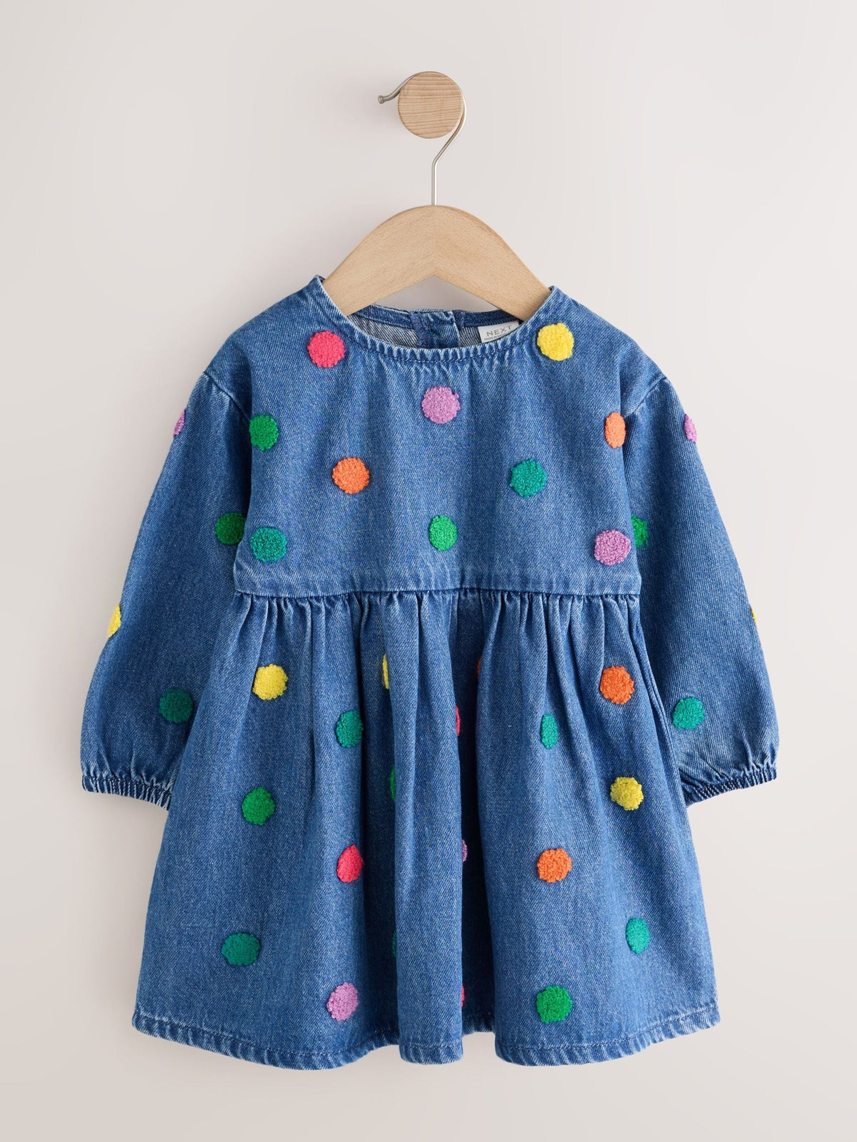 Blue Denim Long Sleeve Boucle Spot Dress (3mths-8yrs)