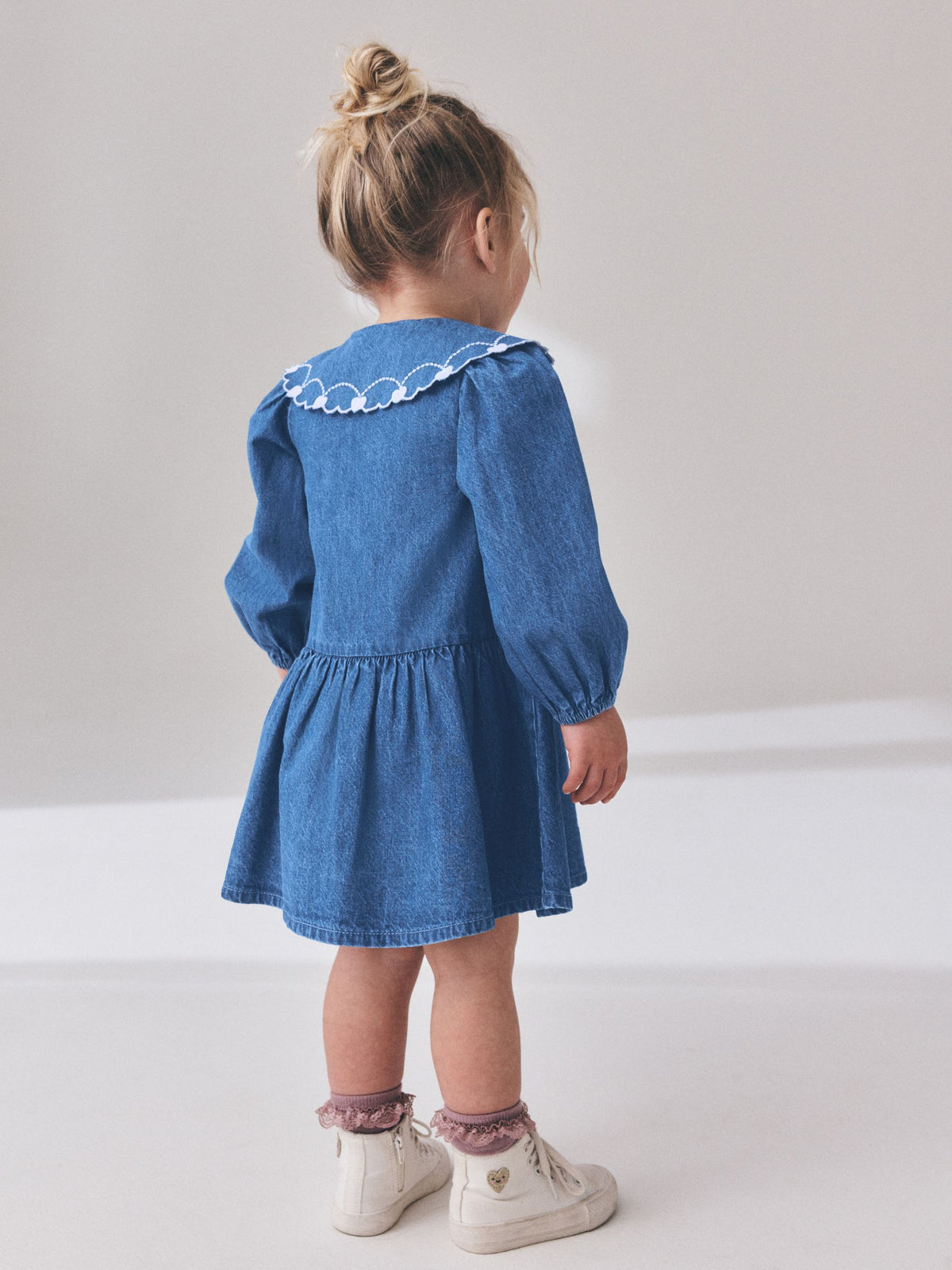 Blue Denim Long Sleeve Embroidered Collar Dress (3mths-8yrs)