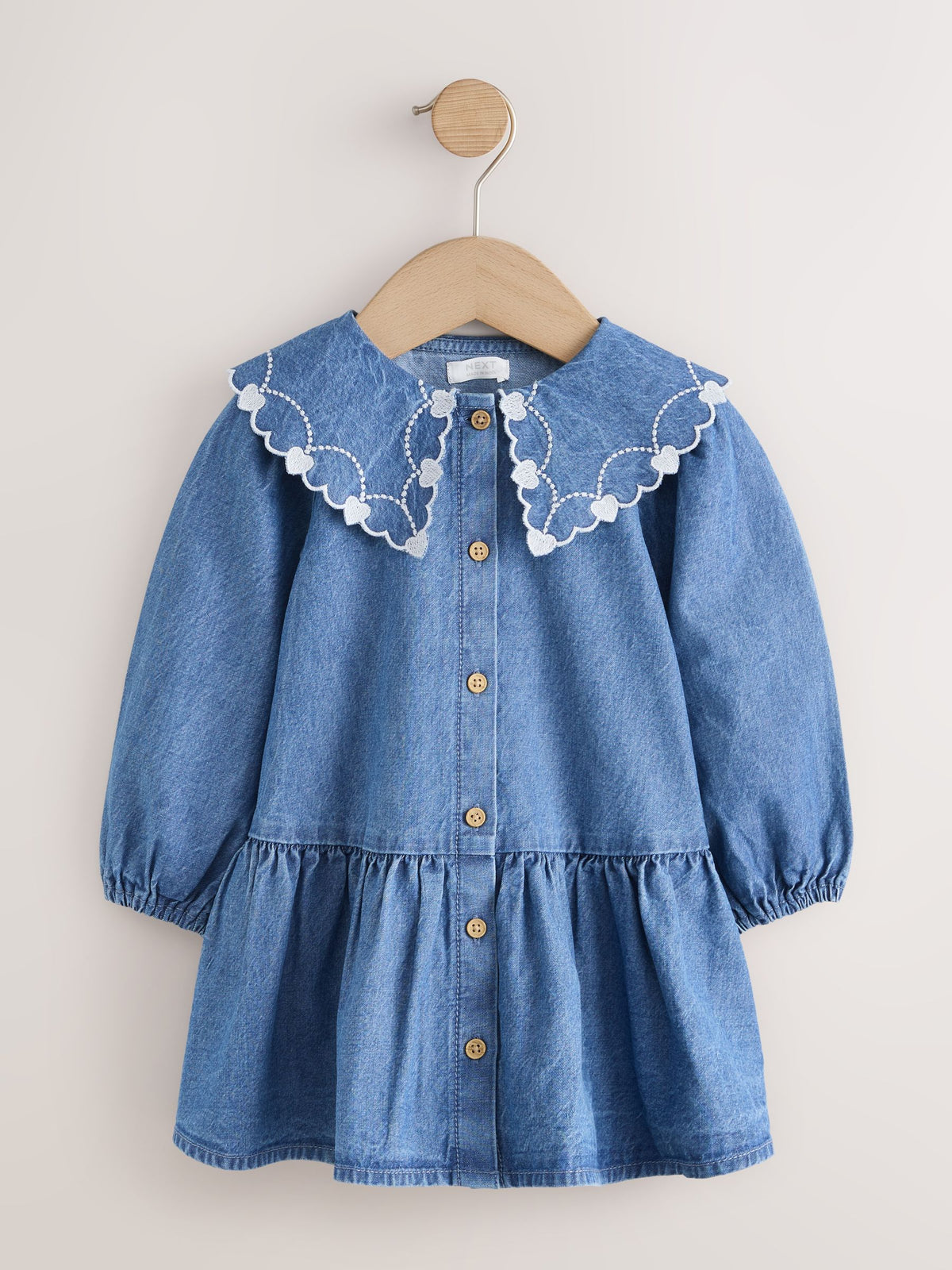 Blue Denim Long Sleeve Embroidered Collar Dress (3mths-8yrs)