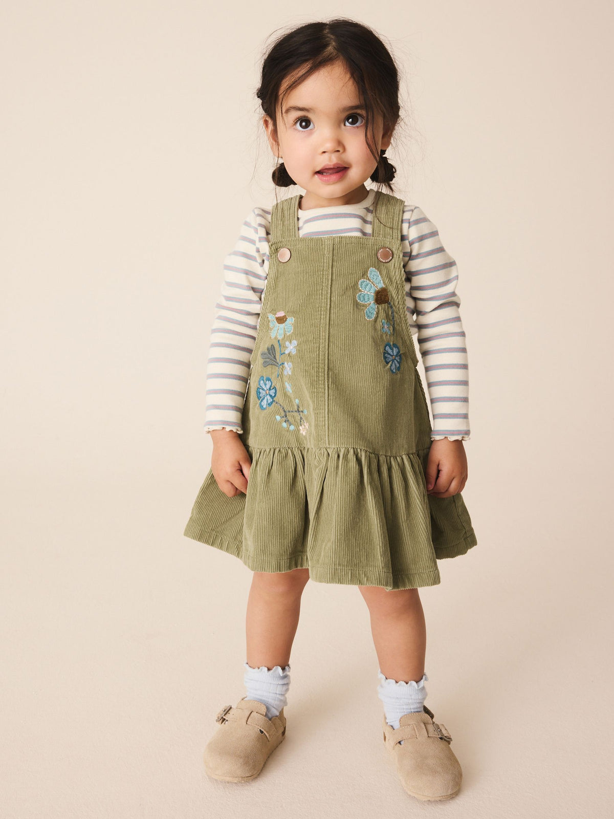 Olive Green Long Sleeve Top and Cord Dungaree Dress Set (3mths-8yrs)