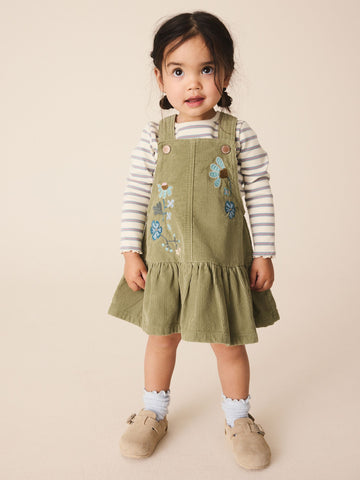 Olive Green Long Sleeve Top and Cord Dungaree Dress Set (3mths-8yrs)