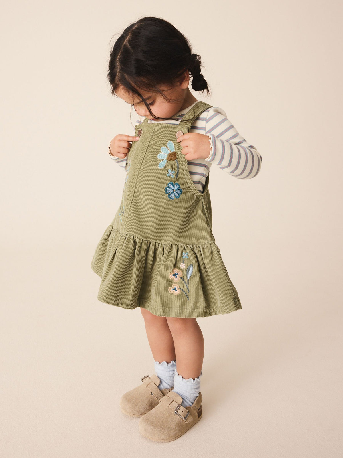 Olive Green Long Sleeve Top and Cord Dungaree Dress Set (3mths-8yrs)