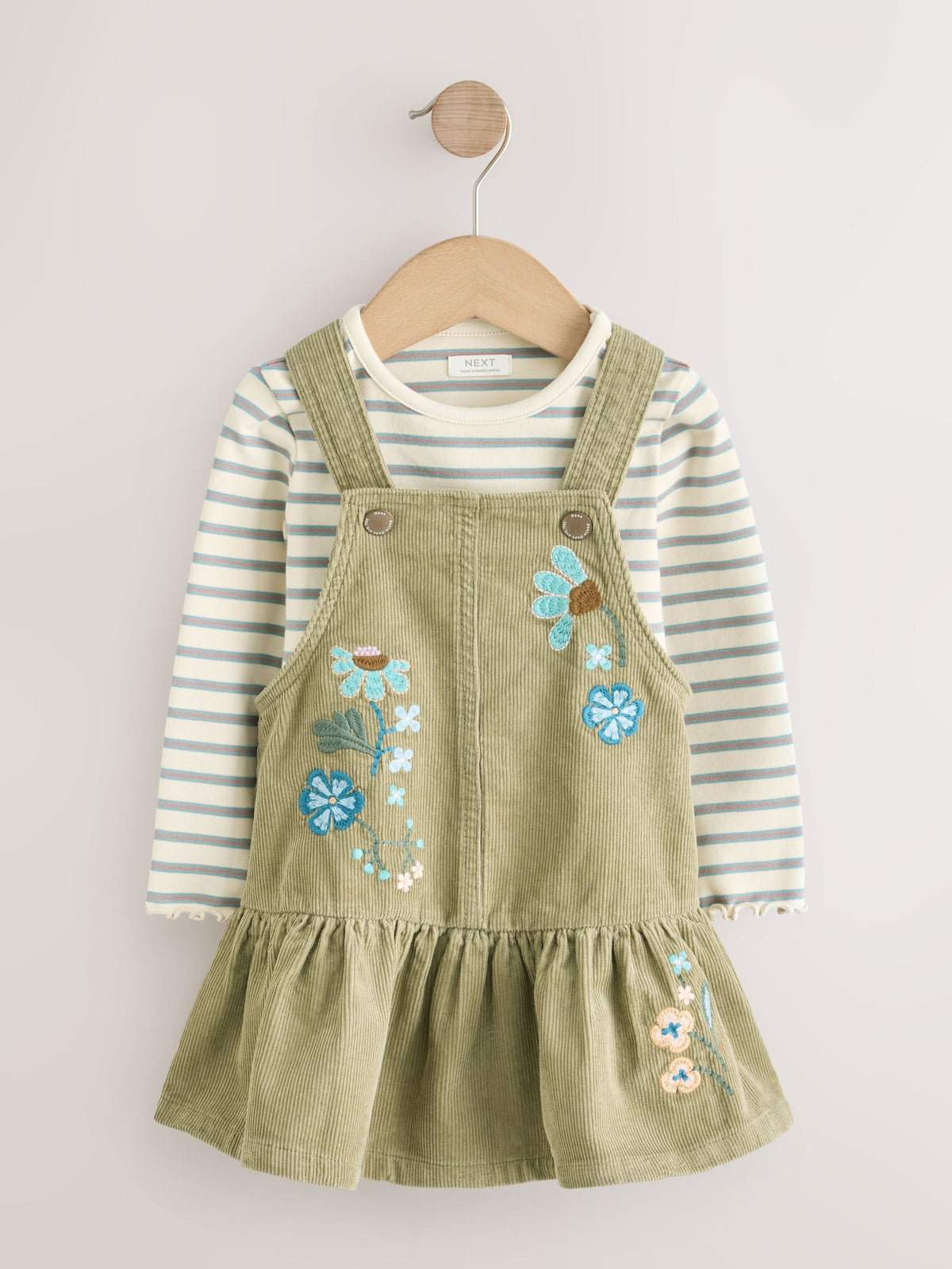 Olive Green Long Sleeve Top and Cord Dungaree Dress Set (3mths-8yrs)