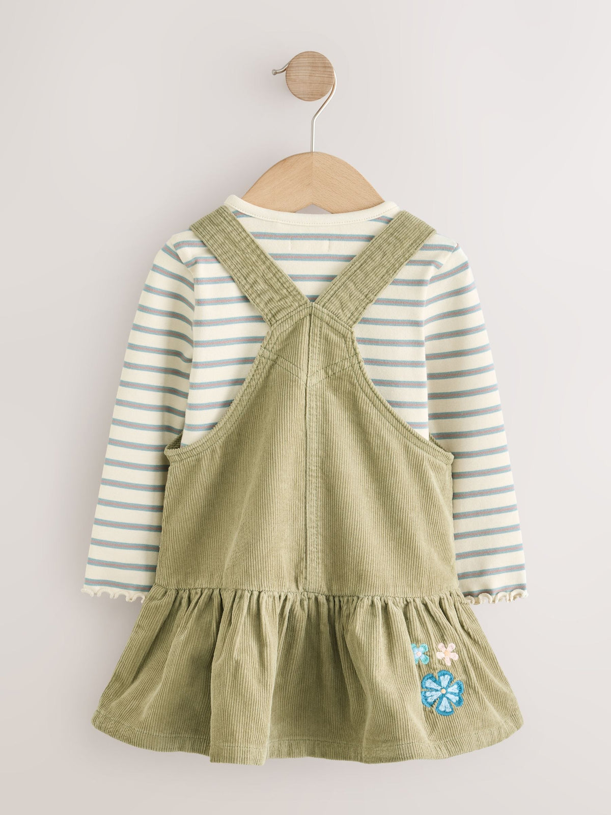 Olive Green Long Sleeve Top and Cord Dungaree Dress Set (3mths-8yrs)