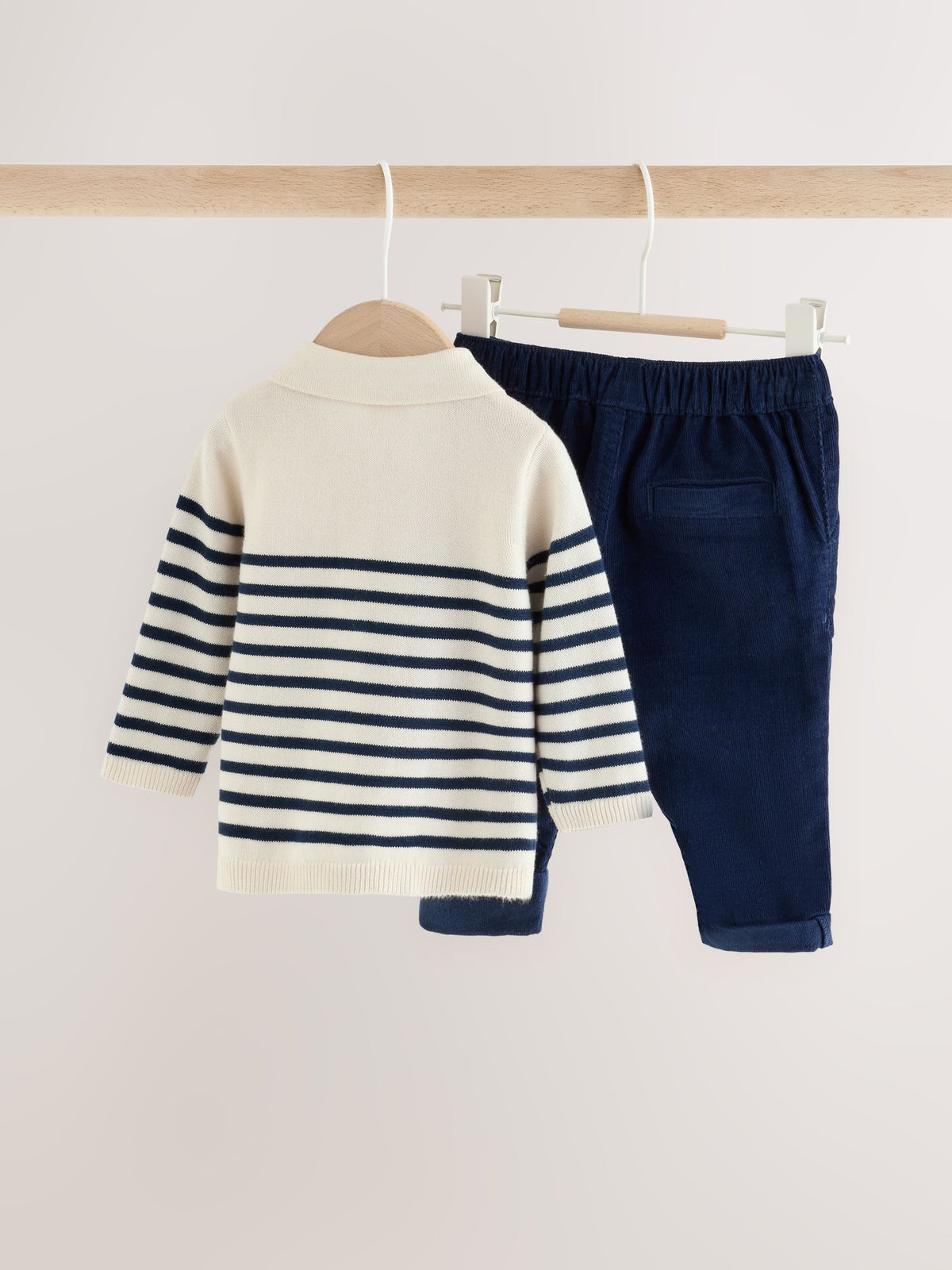 Blue/Cream Stripe Baby Collared Knitted Top and Trousers Set (0mths-2yrs)