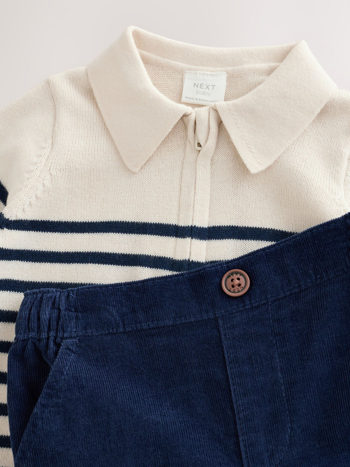 Blue/Cream Stripe Baby Collared Knitted Top and Trousers Set (0mths-2yrs)