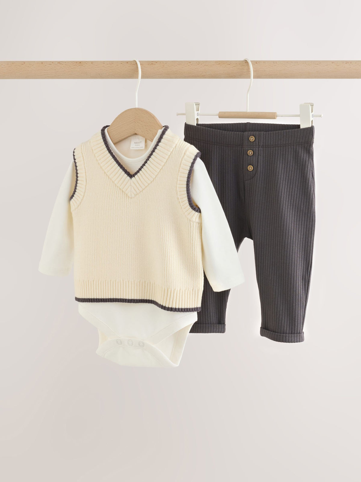 Charcoal Grey/Cream Baby Knit Vest, Bodysuit and Trousers Set (0mths-3yrs)