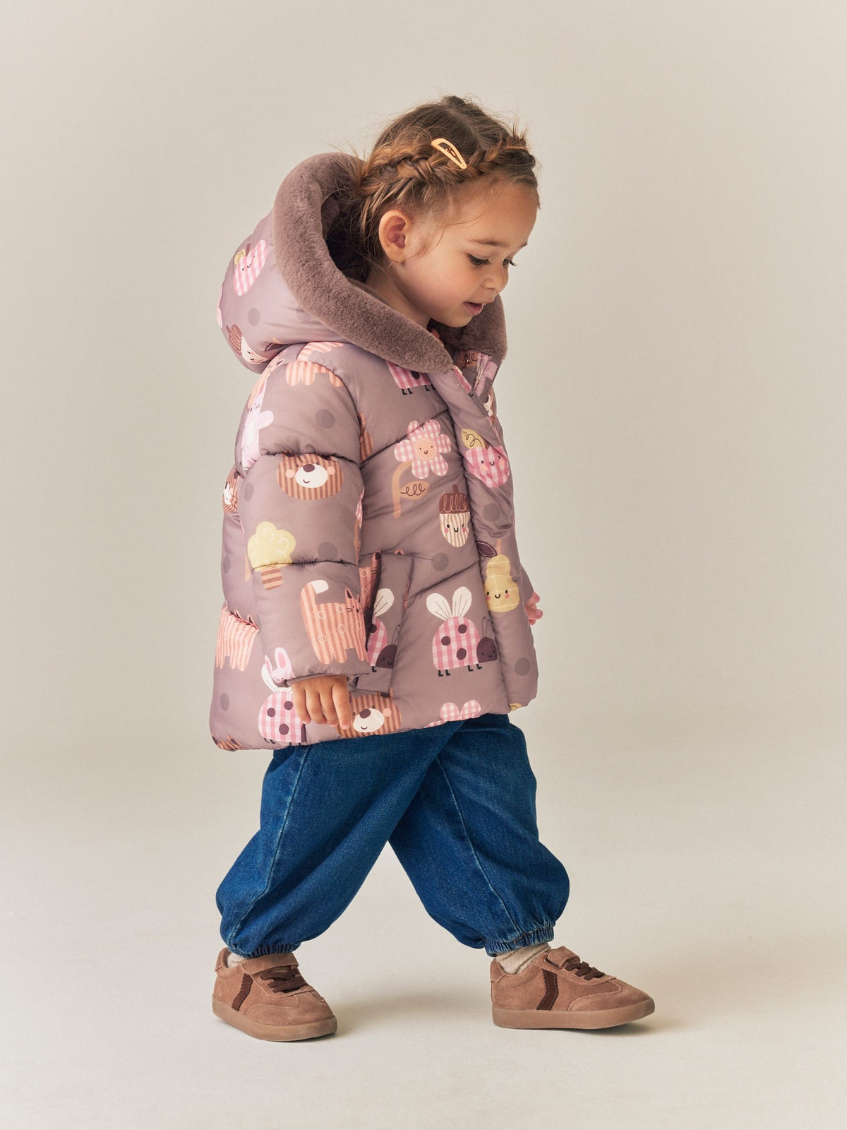 Neutral Brown Shower Resistant Faux Fur Trim Padded Coat (6mths-7yrs)