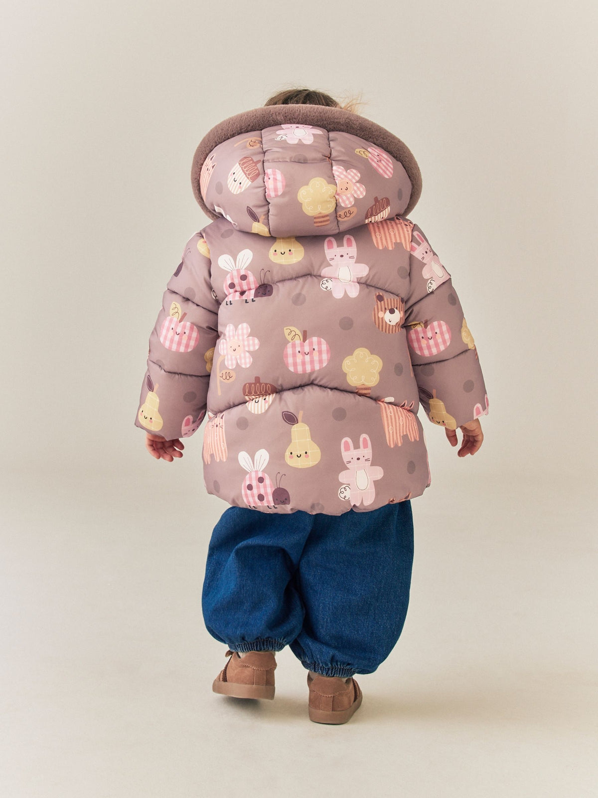Neutral Brown Shower Resistant Faux Fur Trim Padded Coat (6mths-7yrs)