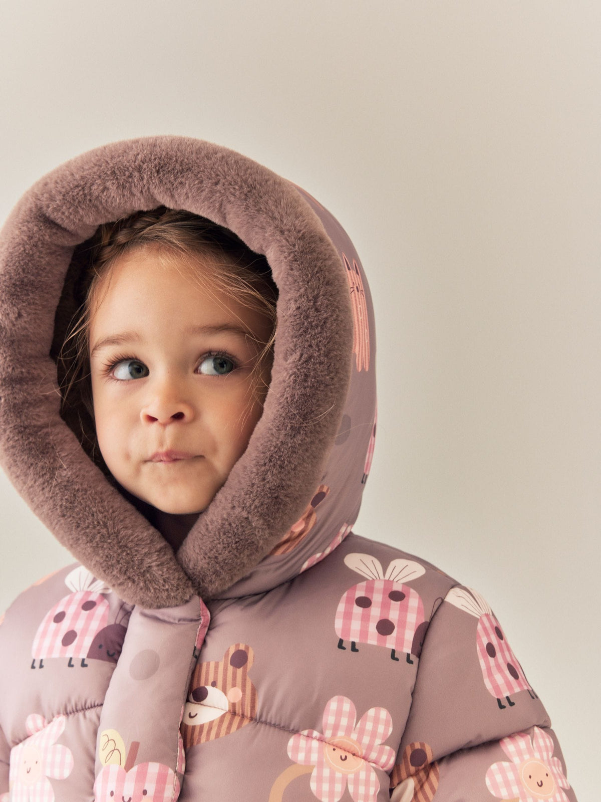 Neutral Brown Shower Resistant Faux Fur Trim Padded Coat (6mths-7yrs)