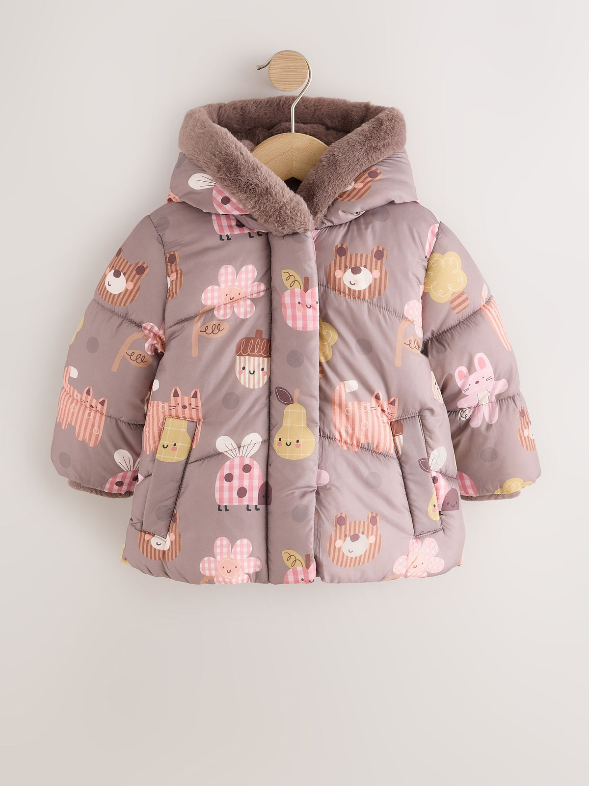 Neutral Brown Shower Resistant Faux Fur Trim Padded Coat (6mths-7yrs)