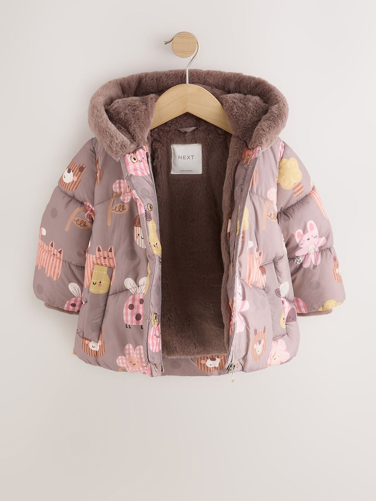 Neutral Brown Shower Resistant Faux Fur Trim Padded Coat (6mths-7yrs)