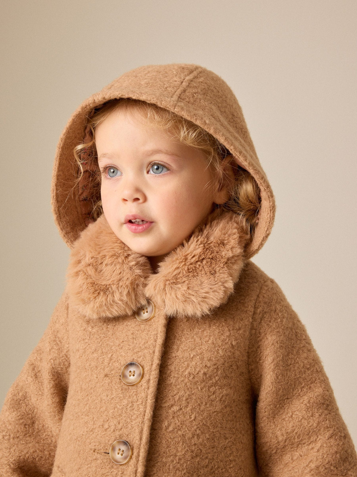 Camel Brown Faux Fur Collar Hooded Coat (3mths-7yrs)