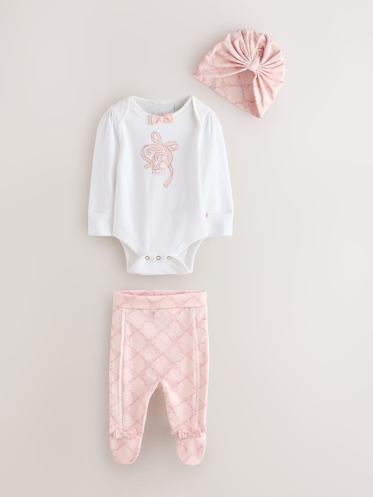 Baker by Ted Baker Pink 3 Piece Bodysuit, Monogram Printed Leggings & Turban Set