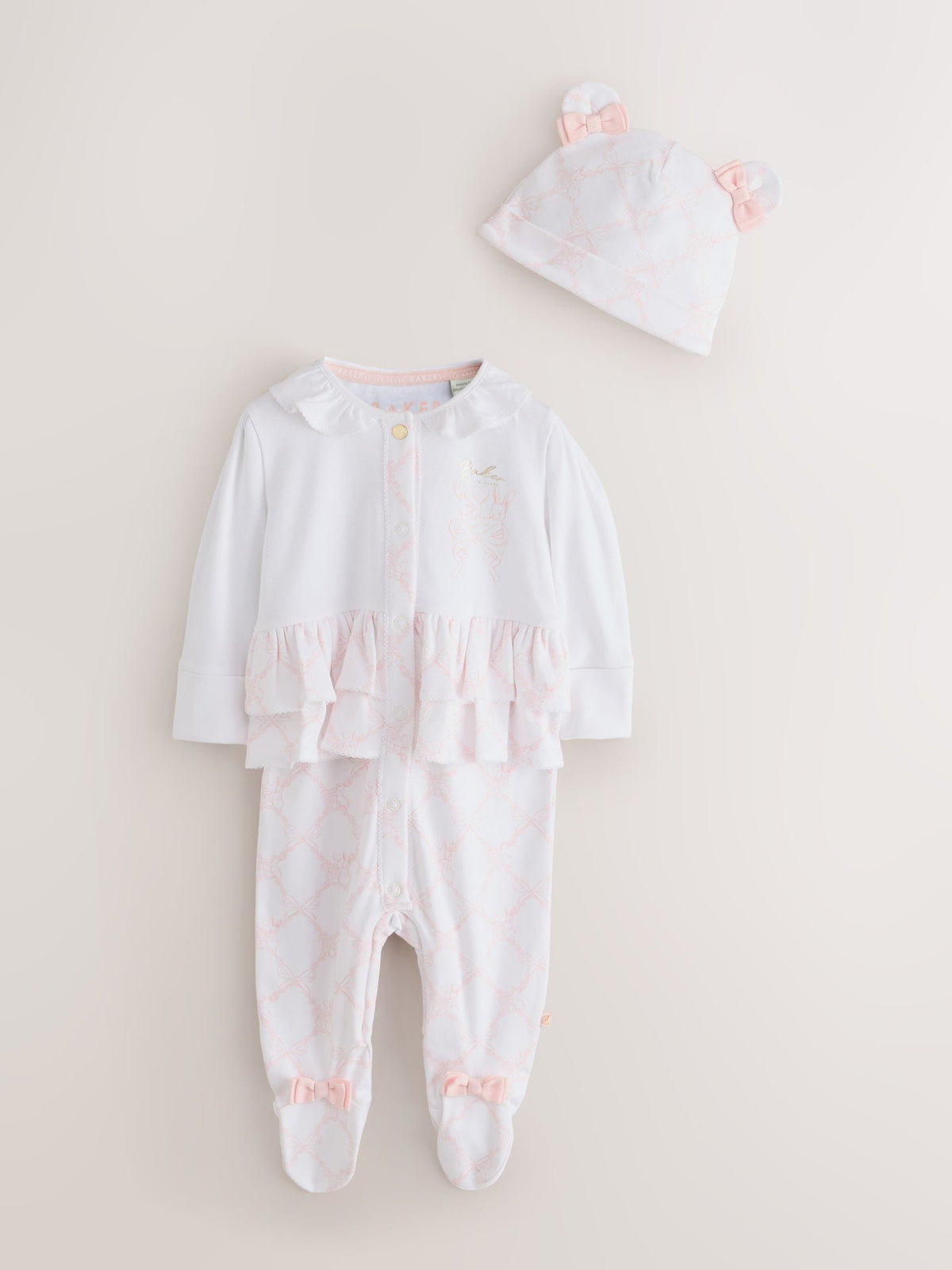 Baker by Ted Baker White/Pink Peplum Frill Sleepsuit & Hat Set