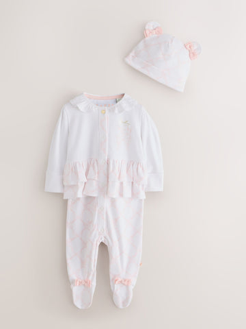 Baker by Ted Baker White/Pink Peplum Frill Sleepsuit & Hat Set