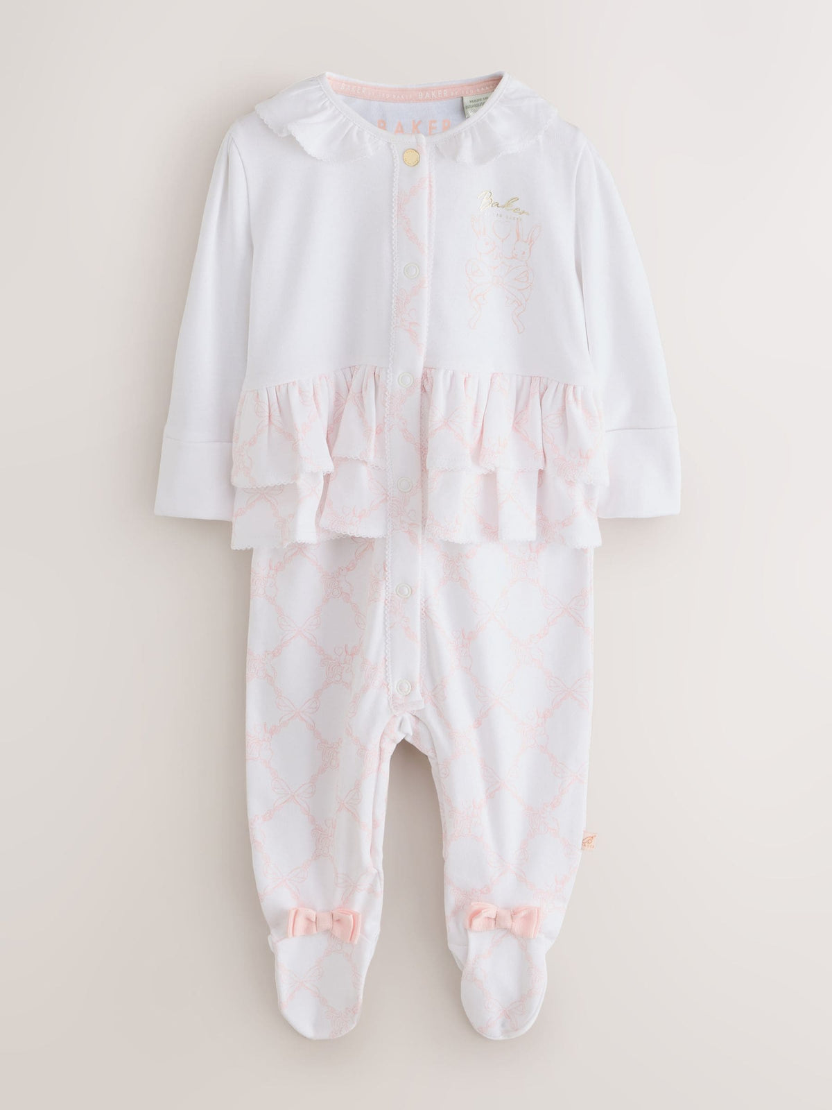 Baker by Ted Baker White/Pink Peplum Frill Sleepsuit & Hat Set