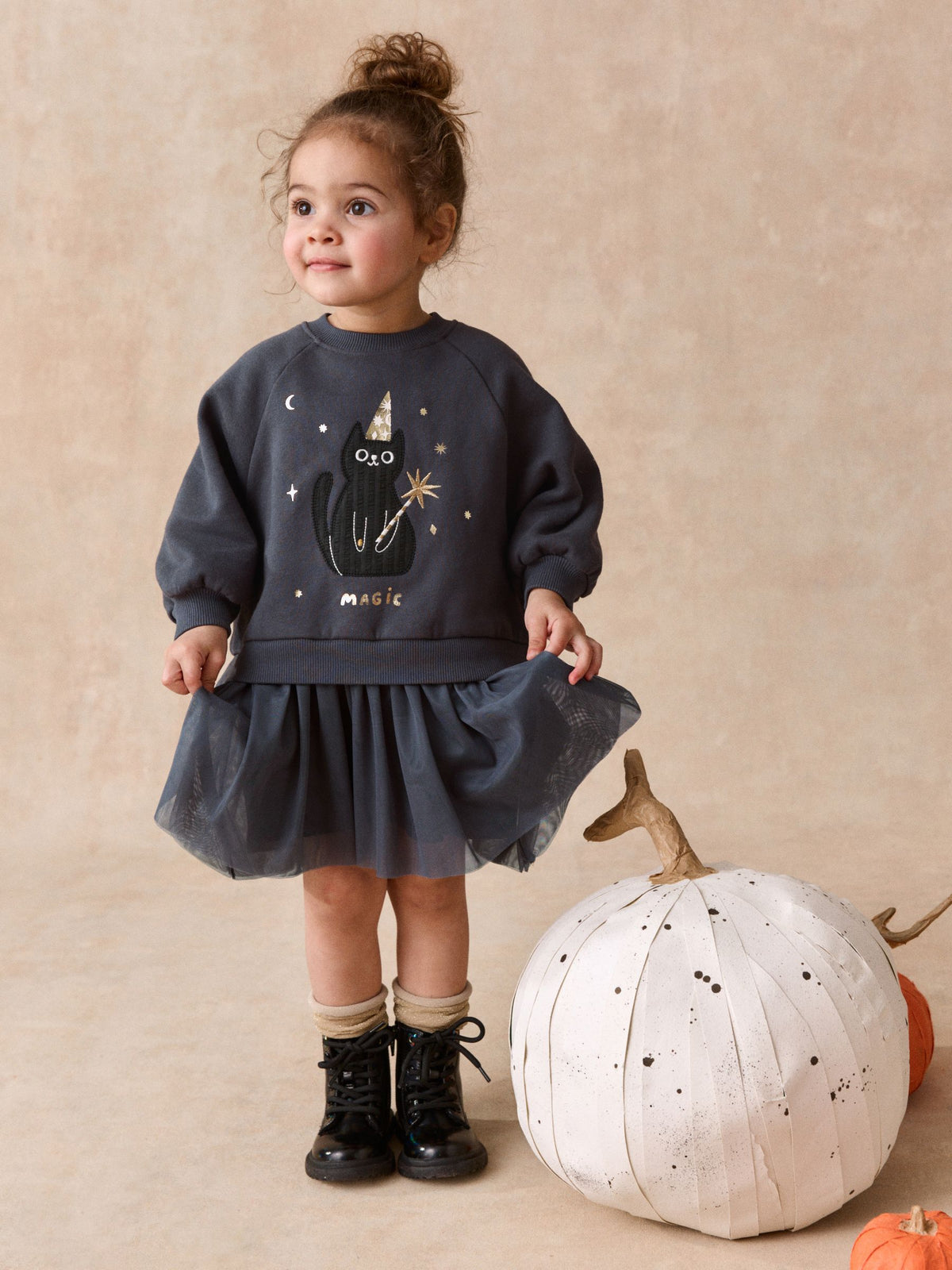 Black Cat Long Sleeve Sweat Mesh Dress (3mths-7yrs)