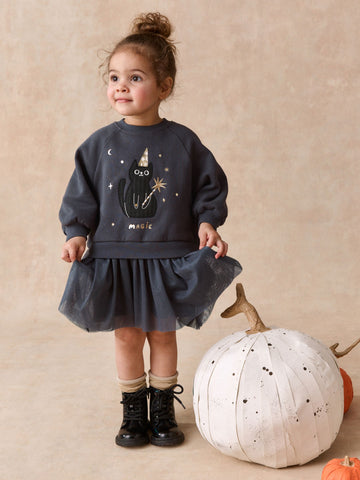 Black Cat Long Sleeve Sweat Mesh Dress (3mths-7yrs)