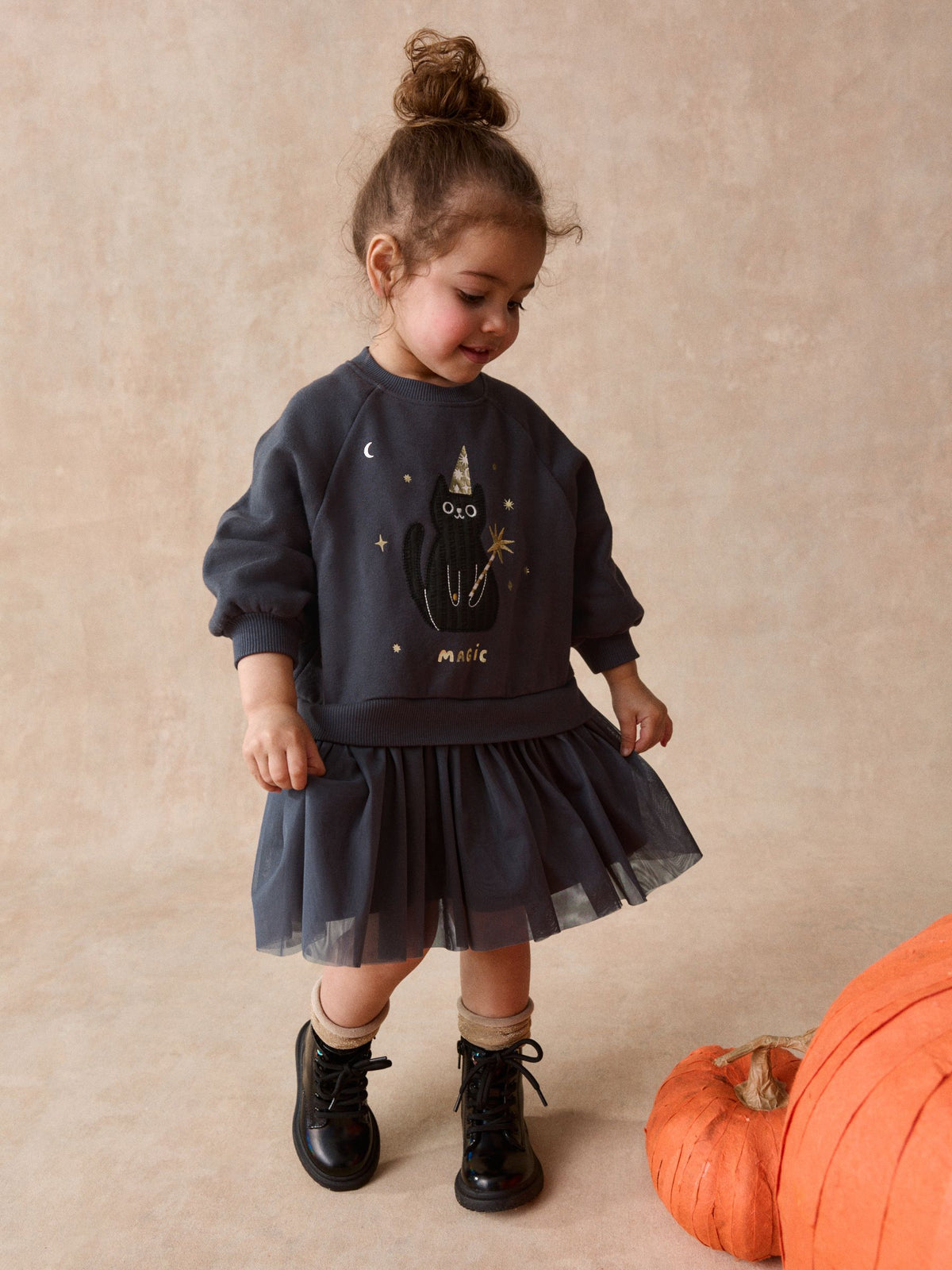 Black Cat Long Sleeve Sweat Mesh Dress (3mths-7yrs)