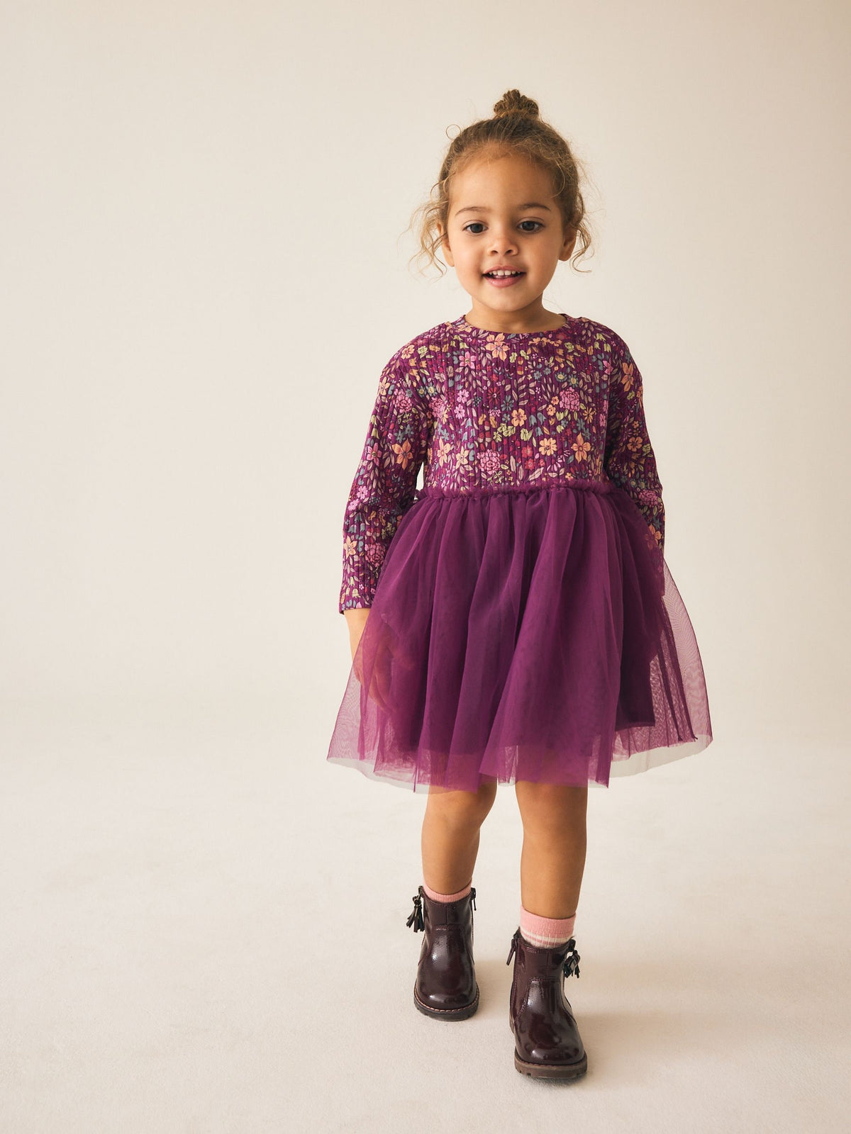 Burgandy Floral Long Sleeve Ribbed Mesh Dress (3mths-7yrs)