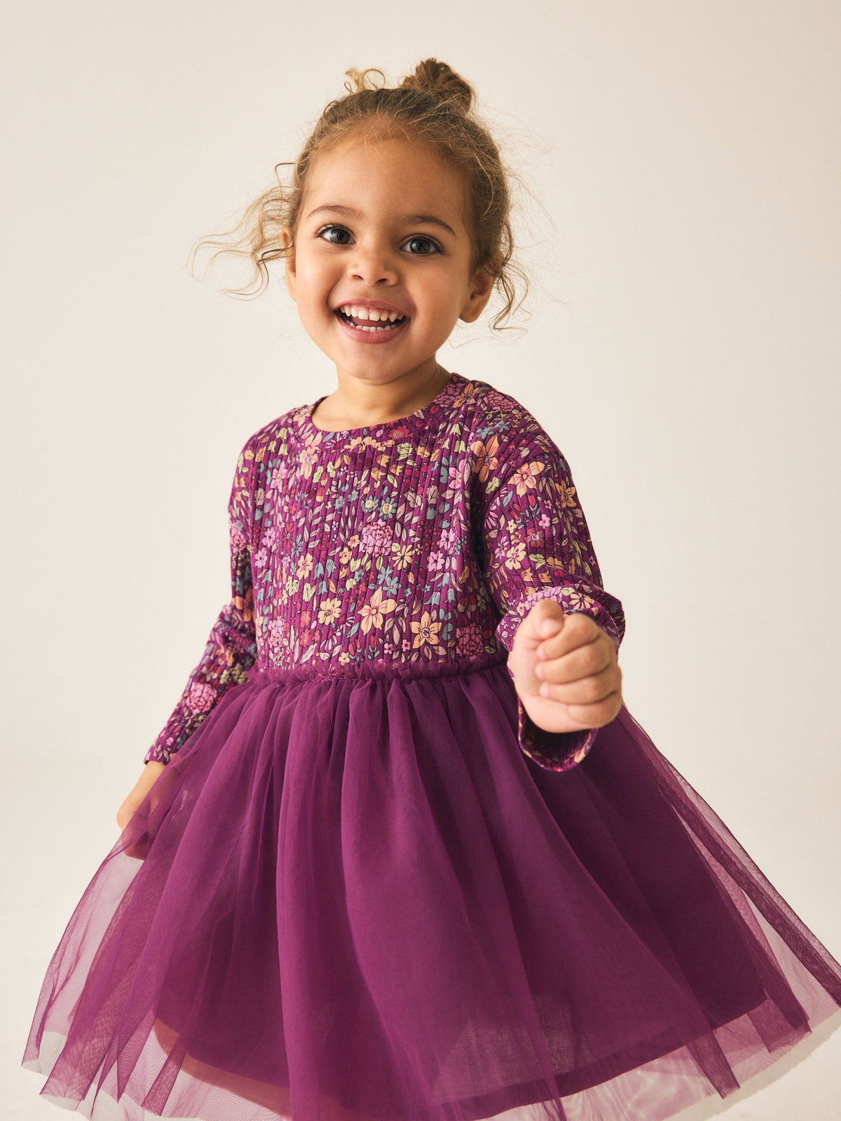 Burgandy Floral Long Sleeve Ribbed Mesh Dress (3mths-7yrs)