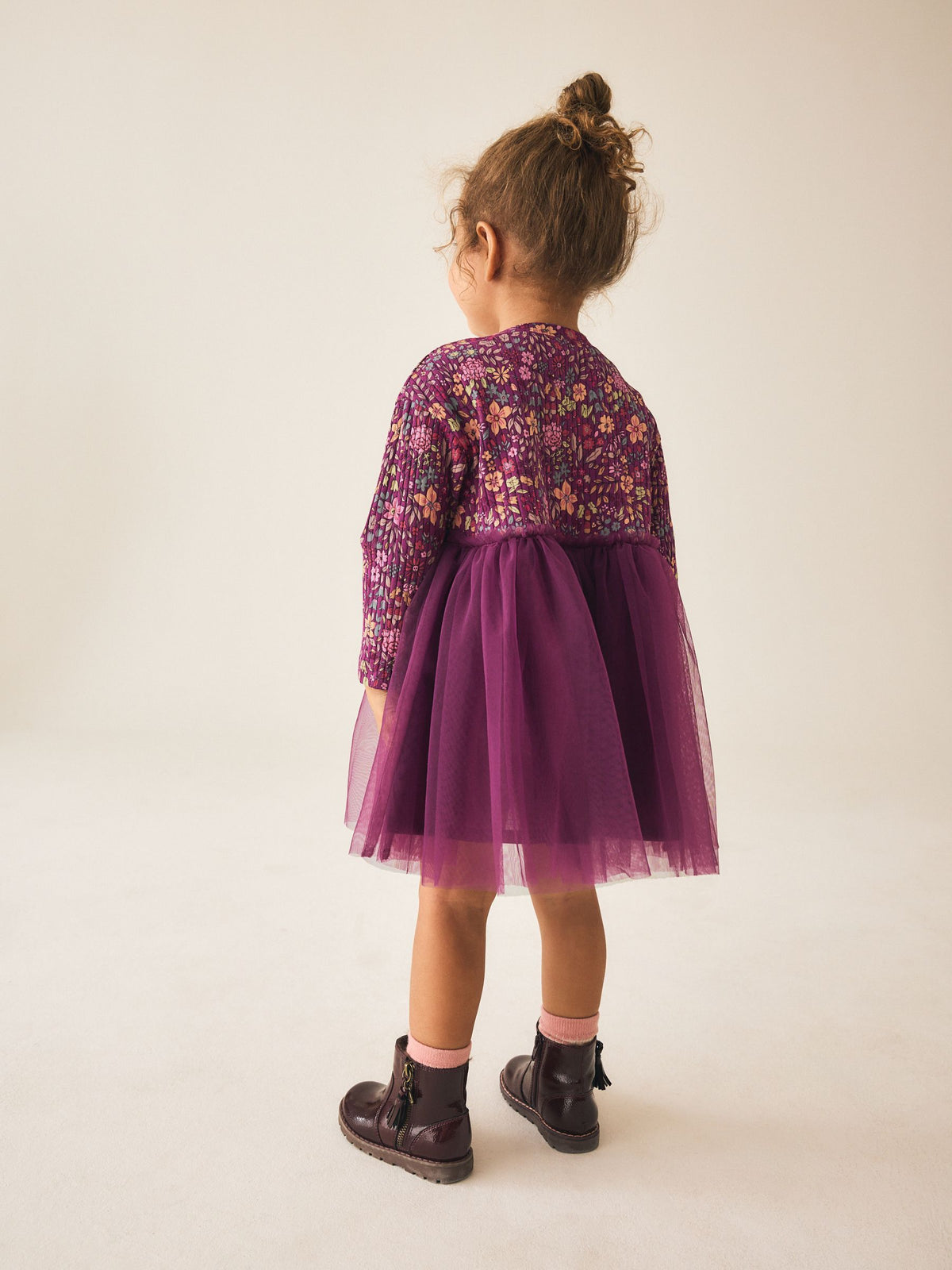 Burgandy Floral Long Sleeve Ribbed Mesh Dress (3mths-7yrs)