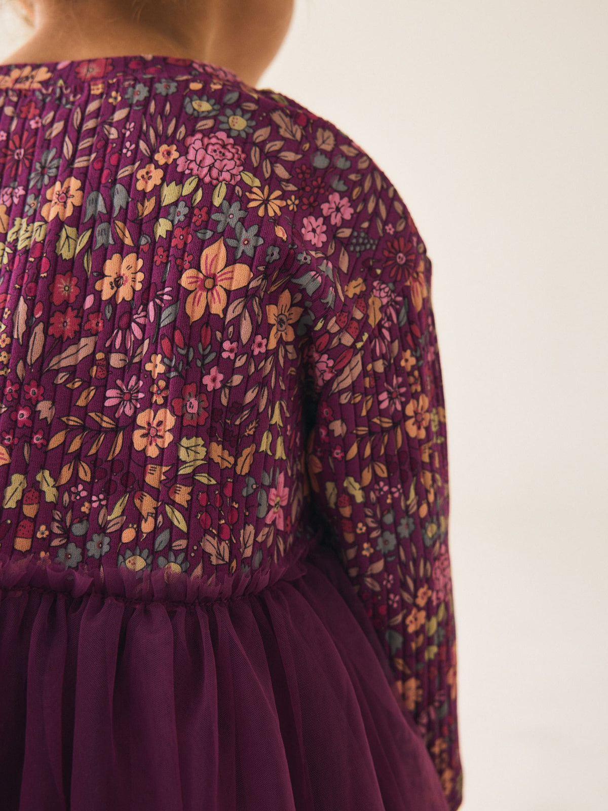 Burgandy Floral Long Sleeve Ribbed Mesh Dress (3mths-7yrs)