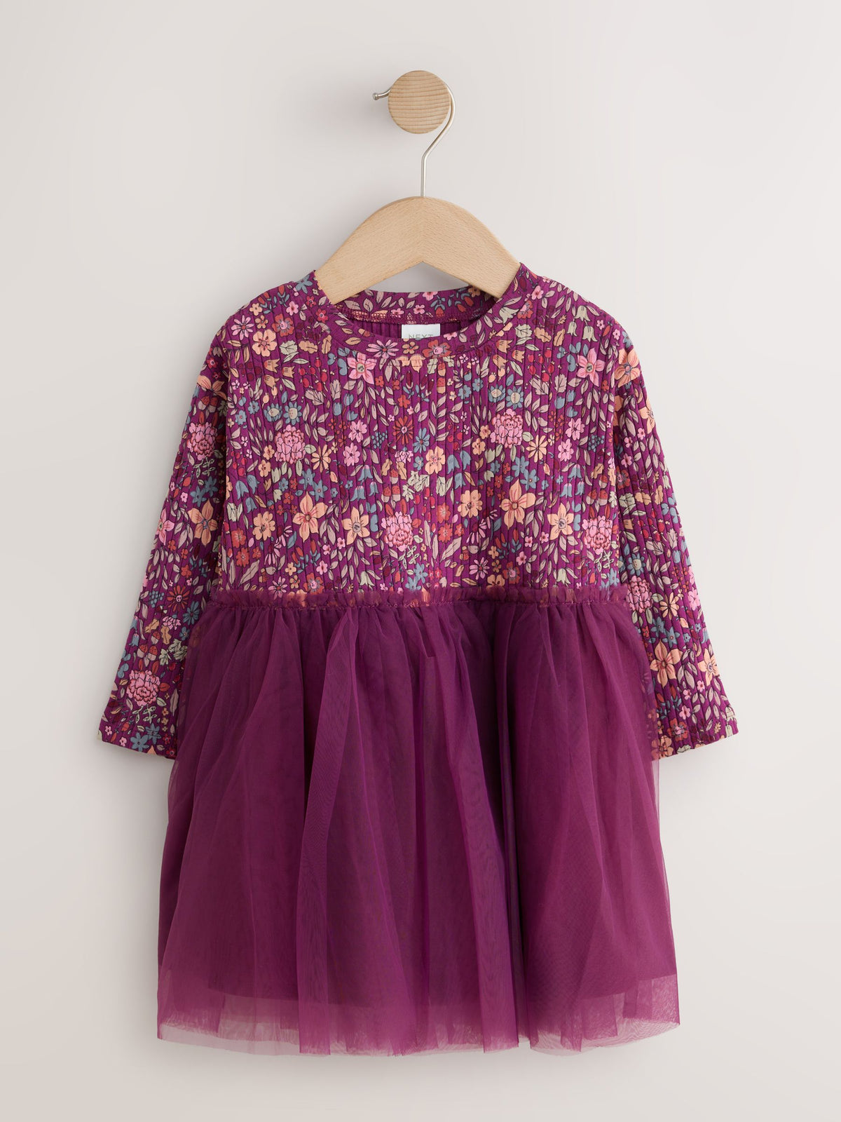 Burgandy Floral Long Sleeve Ribbed Mesh Dress (3mths-7yrs)