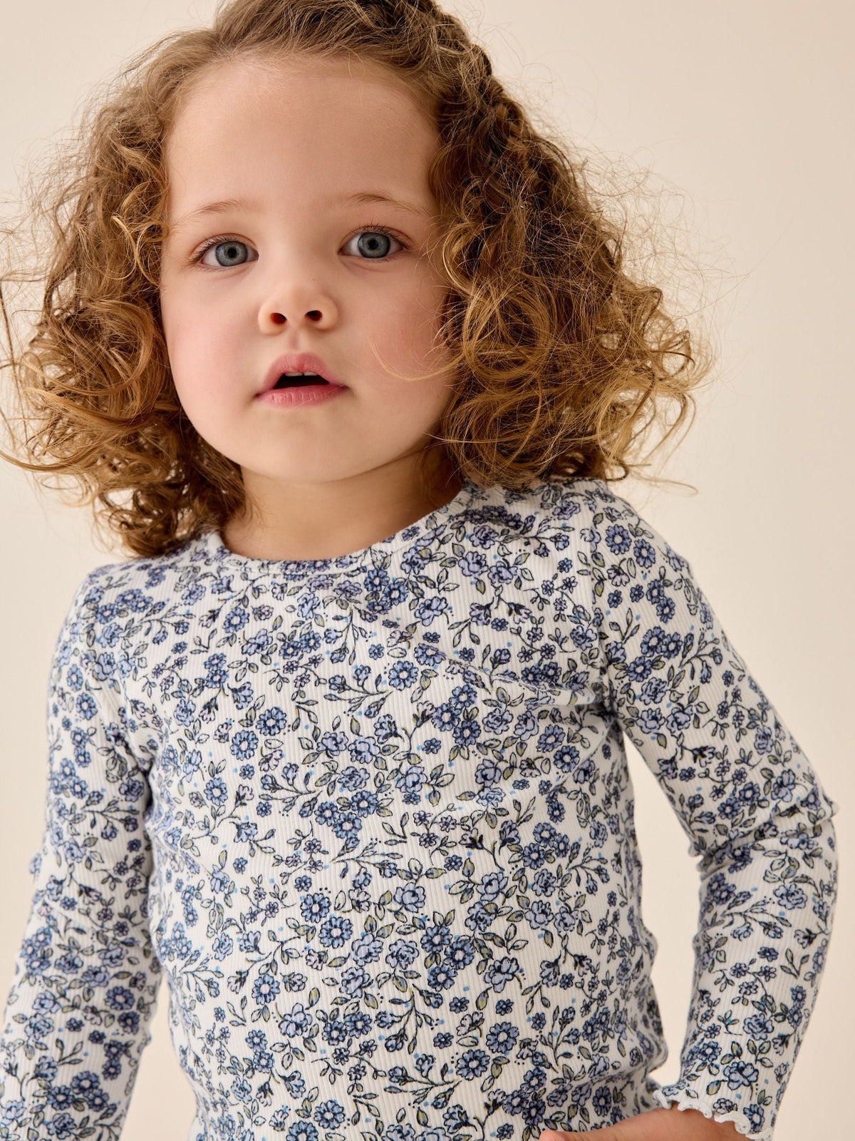 Ecru Blue Ditsy Floral Rib Long Sleeve T-Shirt (3mths-7yrs)