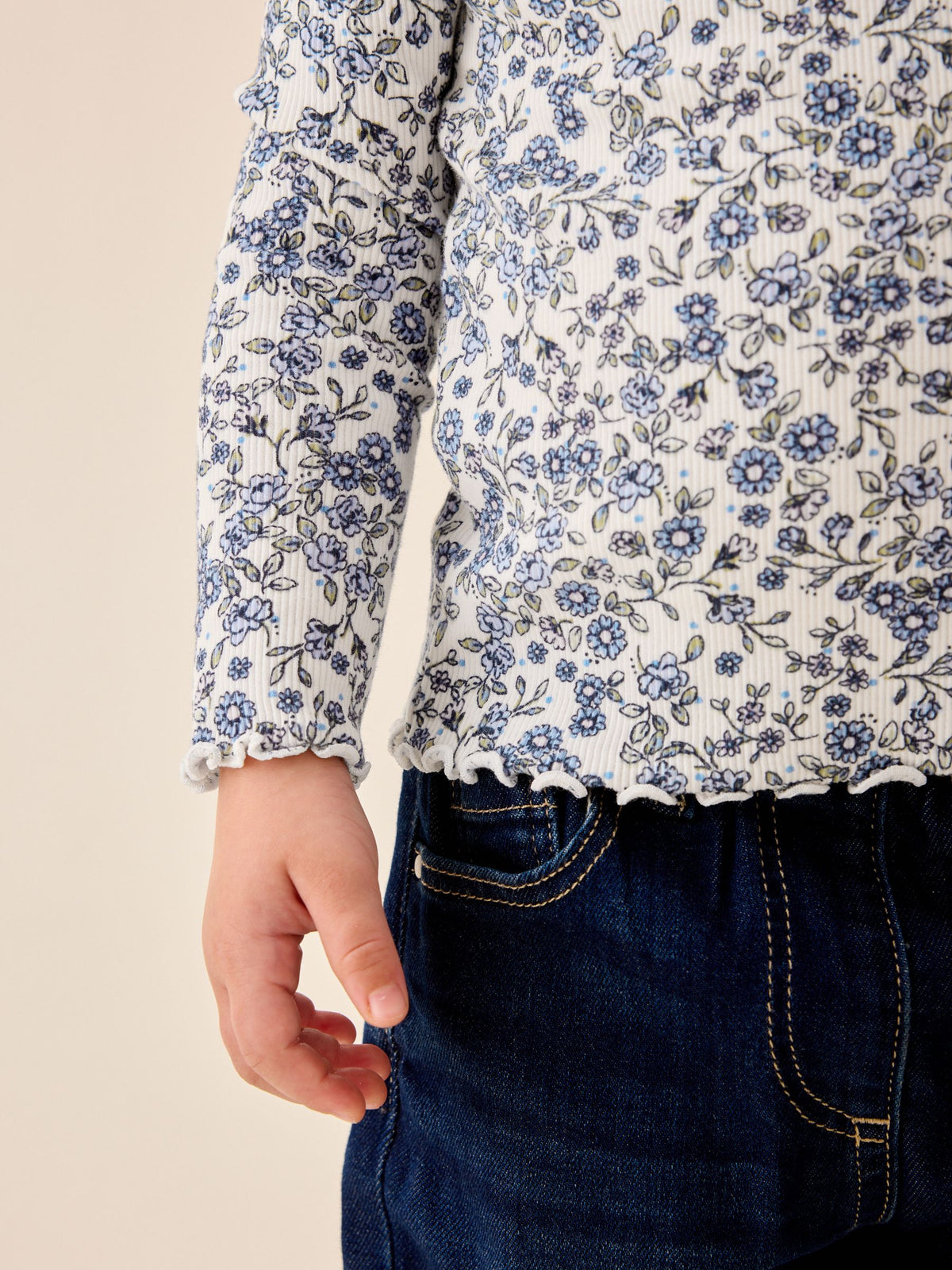 Ecru Blue Ditsy Floral Rib Long Sleeve T-Shirt (3mths-7yrs)
