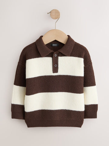 Brown/Cream Knitted Stripe Rugby Polo Shirt (3mths-7yrs)