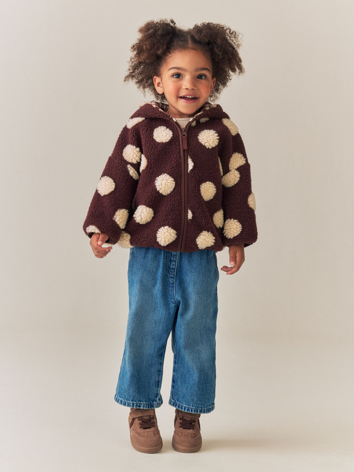 Brown/Ecru Spot Hooded Zip Up Fleece (3mths-7yrs)