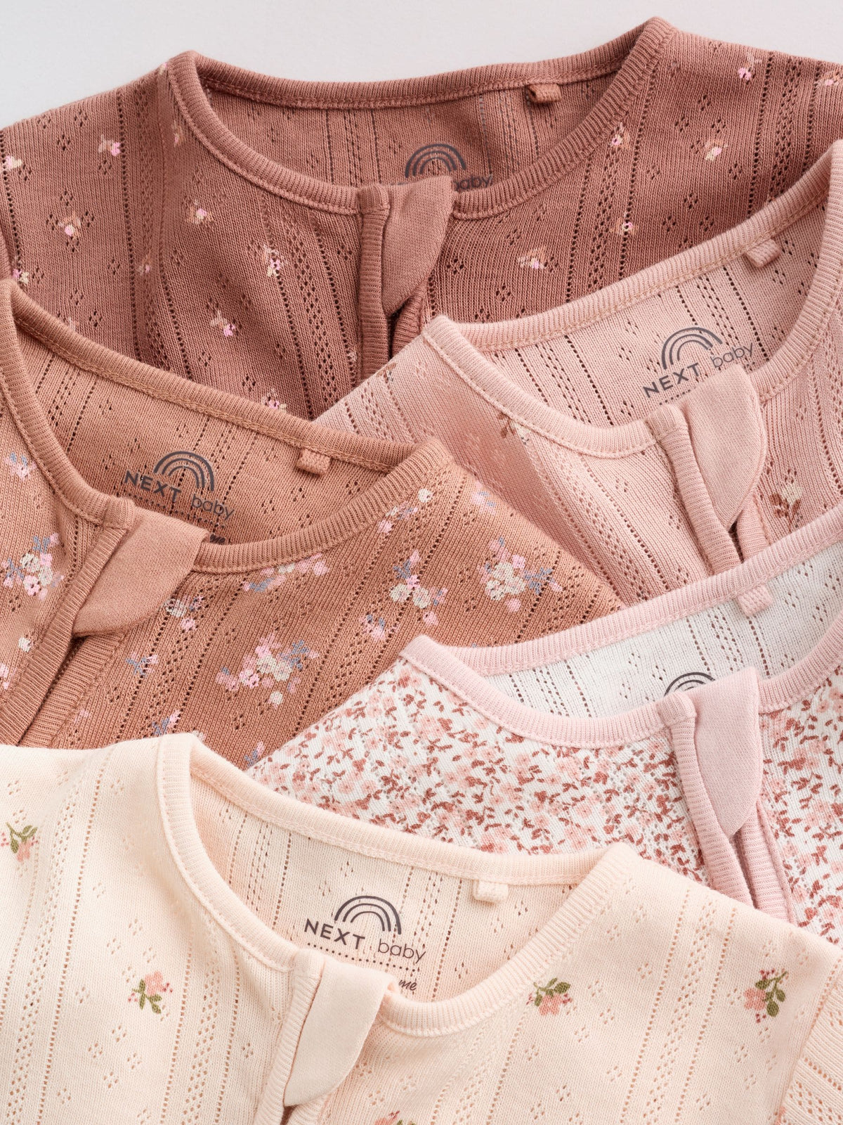 Brown Ditsy Floral 5 Pack Two Way Zip Baby Sleepsuit (0-2yrs)