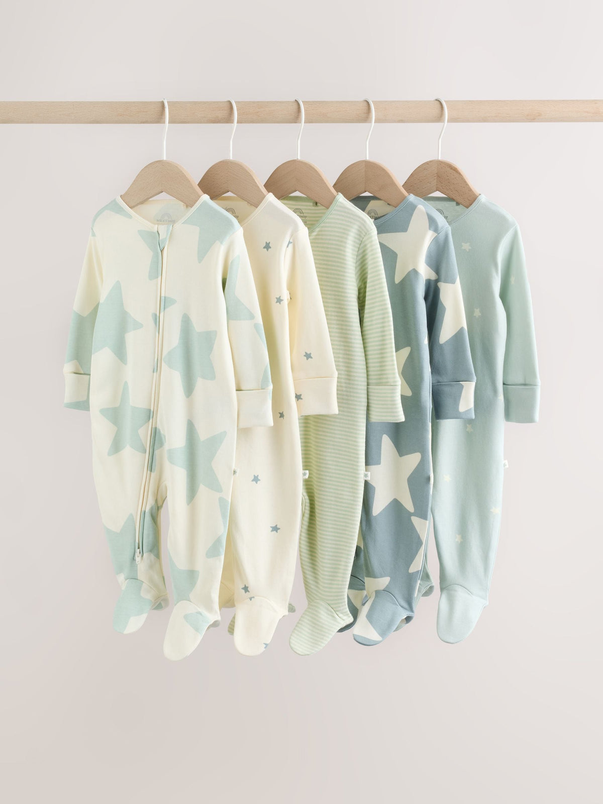 Green Star Two Way Zip Baby Sleepsuits 5 Pack (0-2yrs)