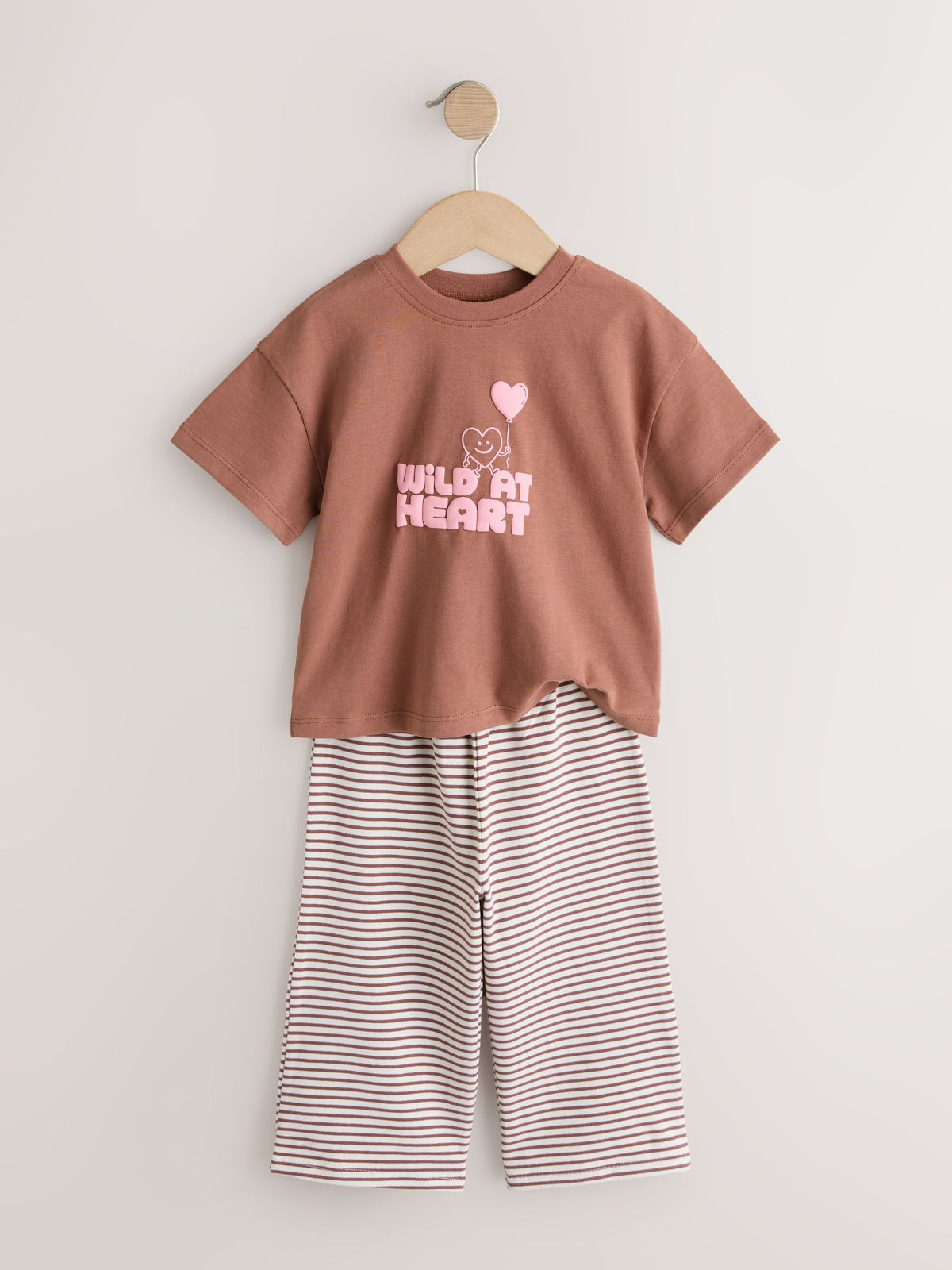 Brown Heart Stripe Short Sleeve T-Shirt and Wide Leg Trousers Set (3mths-7yrs)