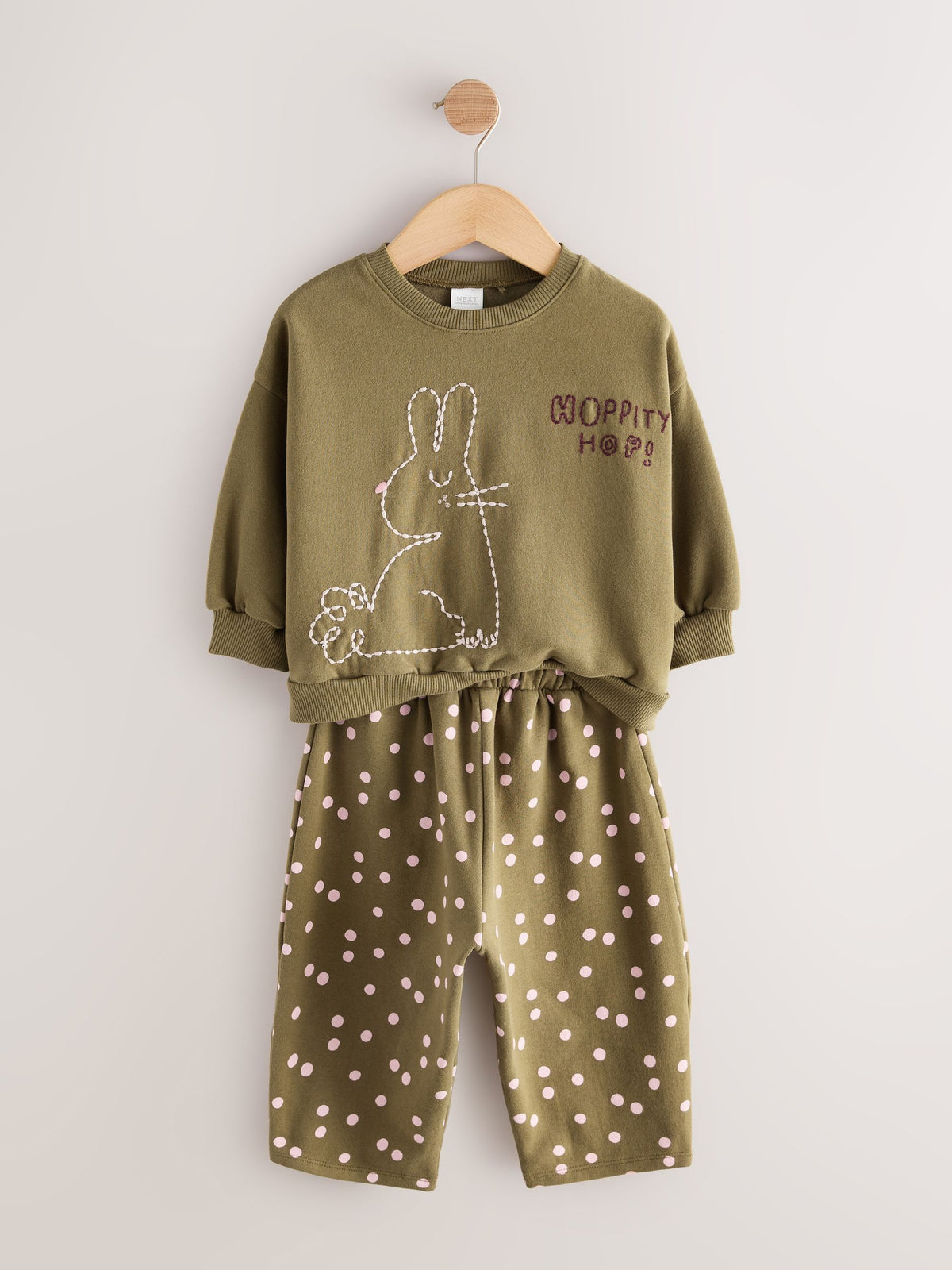 Khaki Green Bunny Crew Neck Sweatshirt and Barrel Trousers Set (3mths-7yrs)