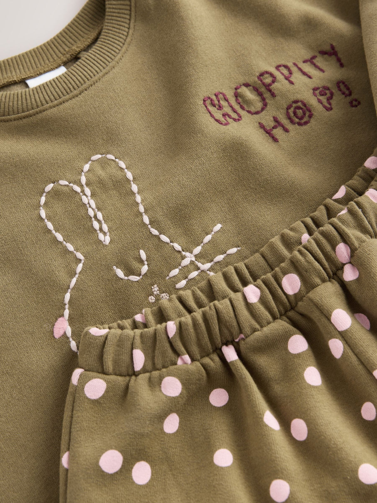 Khaki Green Bunny Crew Neck Sweatshirt and Barrel Trousers Set (3mths-7yrs)